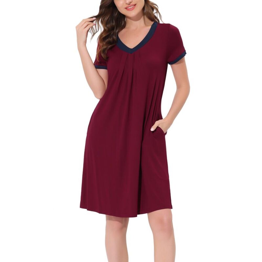 Womens Nightshirt Sleepwear Lounge Dress V-Neck with Pockets Pajama Red
